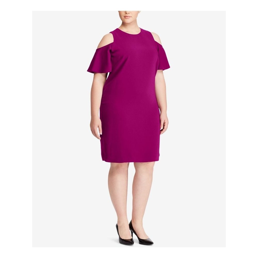 Lauren Ralph Lauren Cold Shoulder Flutter Sleeve Sheath Dress Purple 14 EUC